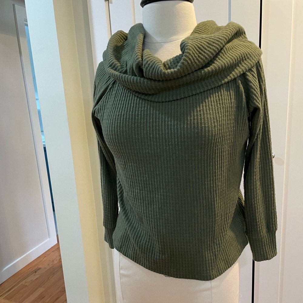 Elan Olive Green Ribbed Cowl Neck Sweater